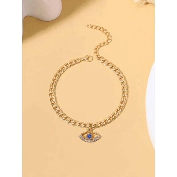 GOLD DIAMOND SAPPHIRE EVIL EYE ANKLET - Picture 3 of 6